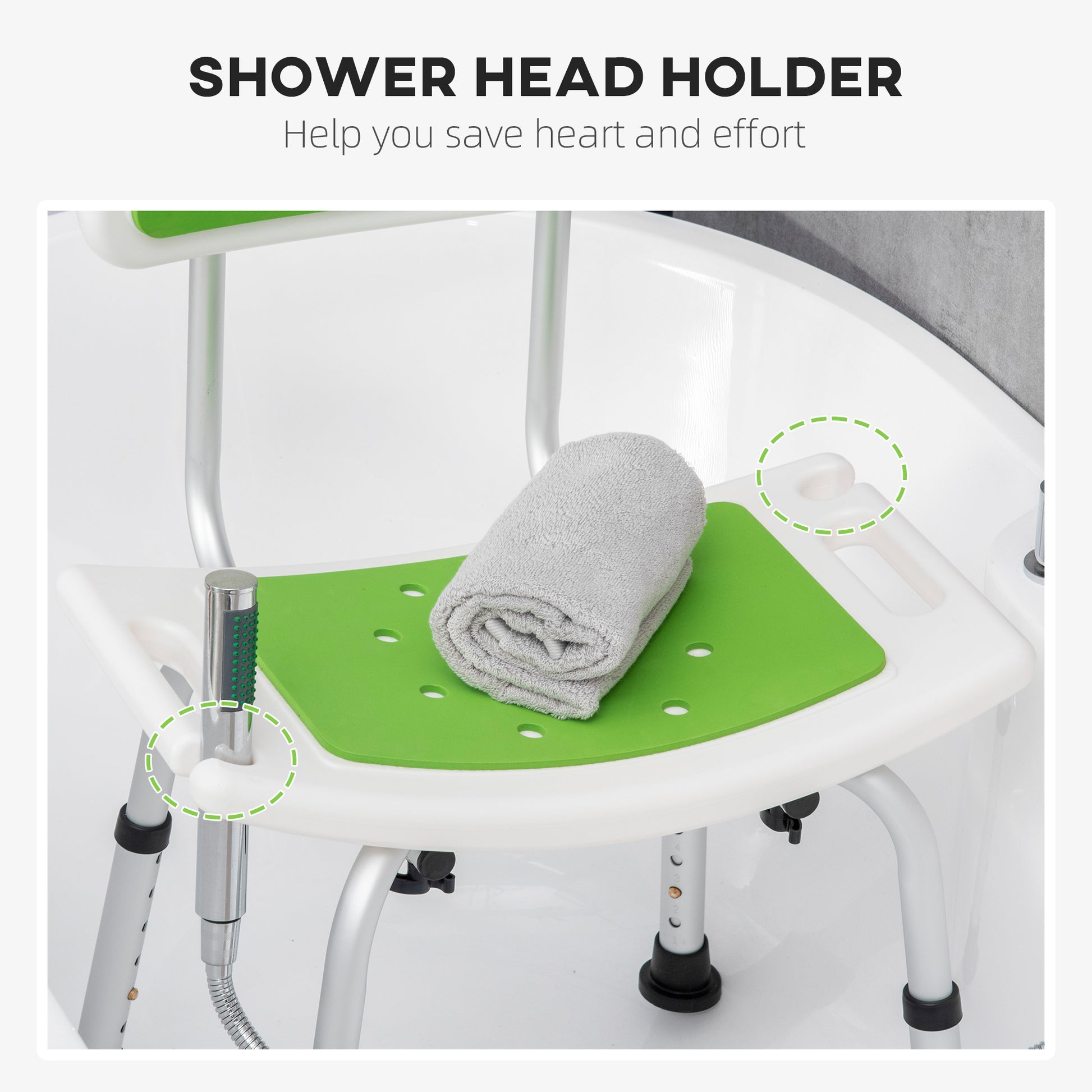 HOMCOM Shower Chair for the Elderly and Disabled, 6-Level Height Adjustable Shower Stool with Backrest, Curved Seat, Anti-slip Foot Pads, Green