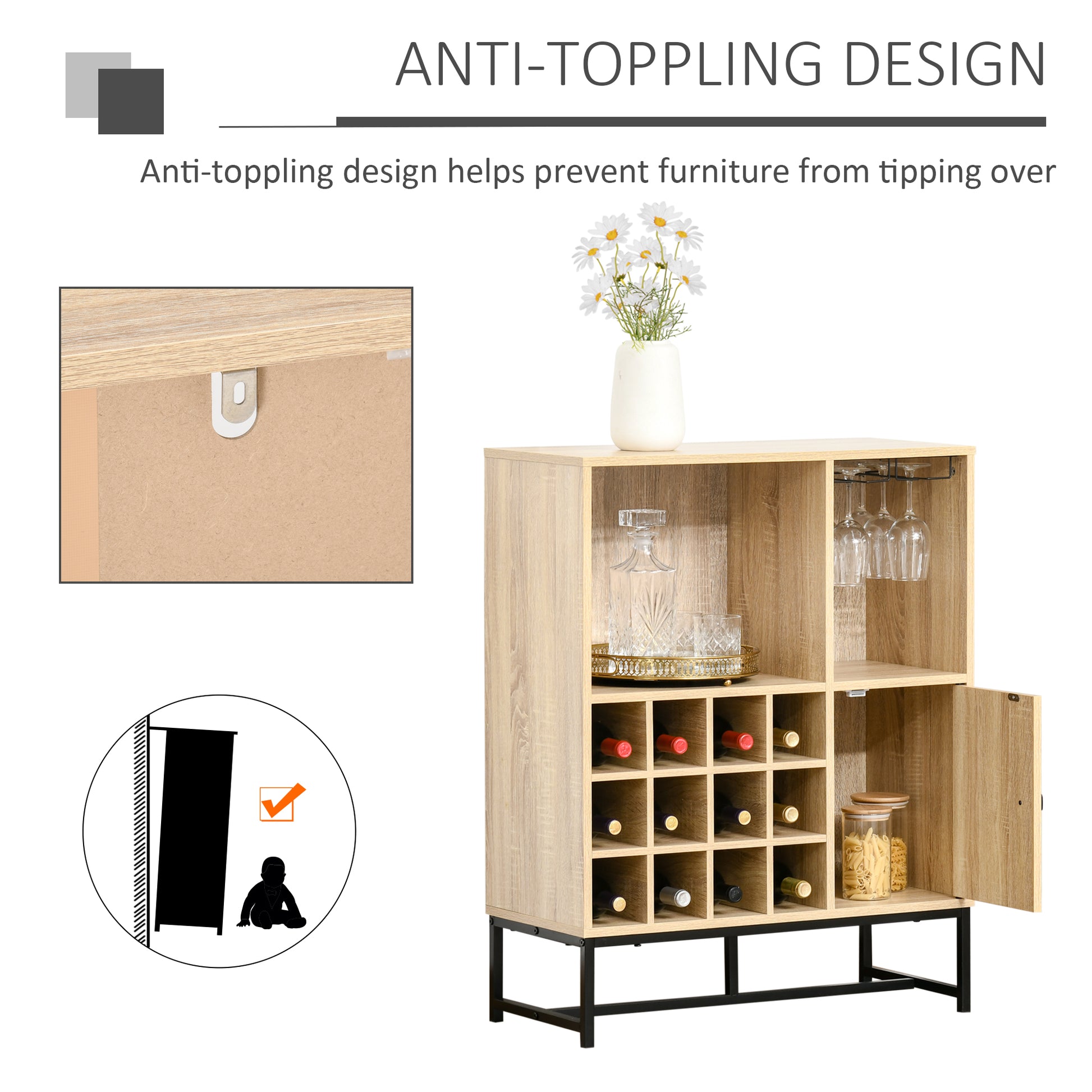 HOMCOM Wine Rack for 12 Bottles, Freestanding Wine Rack Sideboard Serving Bar with Glass Holders, Brown