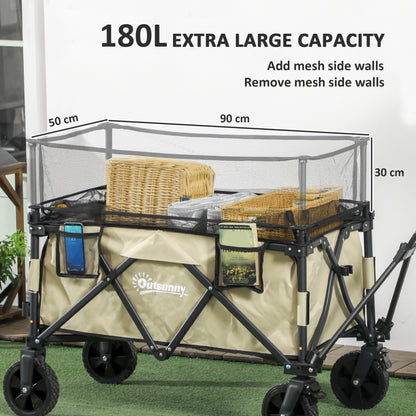 Outsunny Folding Garden Trolley, 180L Wagon Cart with Extendable Side Walls, for Beach, Camping, Festival, Green