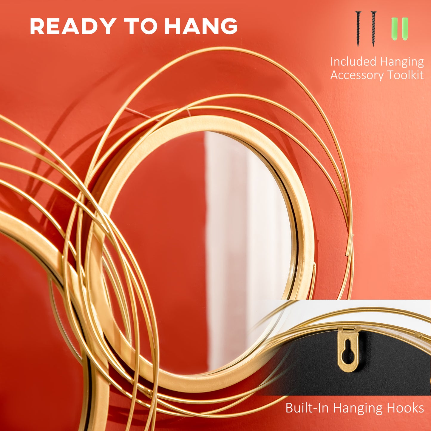 HOMCOM Metal Wall Art Modern Decorative Mirror Decor Hanging Home Wall Sculptures for Living Room Bedroom Dining Room, Gold