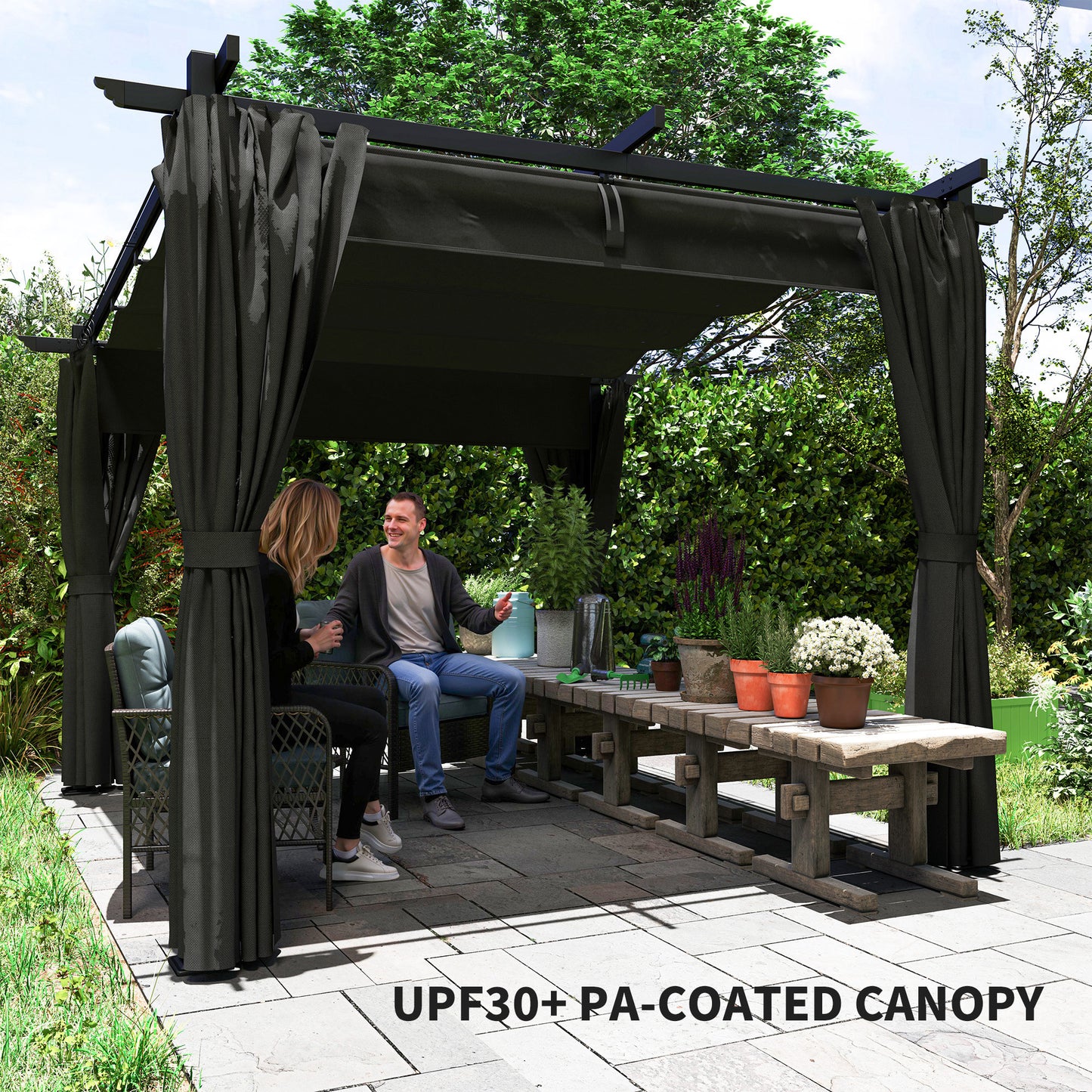 Outsunny 3 x 3 m Retractable Roof Pergola, with Curtains - Dark Grey