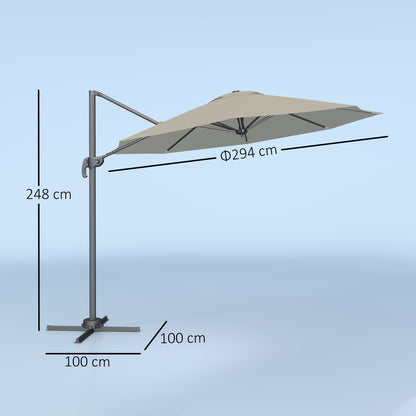 Outsunny 3 x 3(m) Cantilever Parasol with Cross Base, Garden Umbrella with 360° Rotation, Crank Handle and Tilt for Outdoor, Light Grey