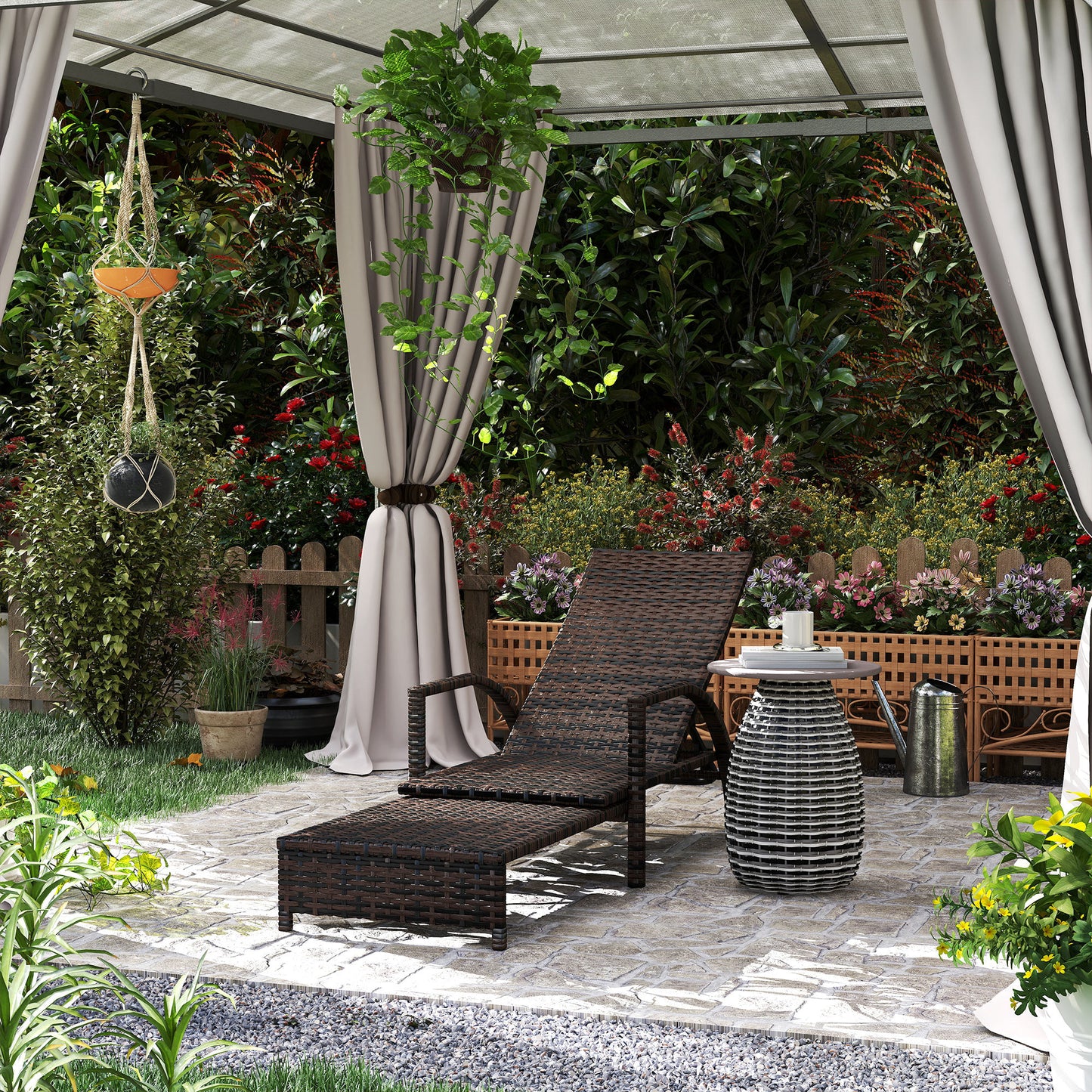 Outsunny Reclining Rattan Lounger, with Extending Footrest - Brown