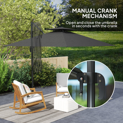 Outsunny 2.5m Cantilever Parasol with Solar Powered LED Lights, 360° Rotation, Tilt Adjustment, Crank Handle, Dark Grey