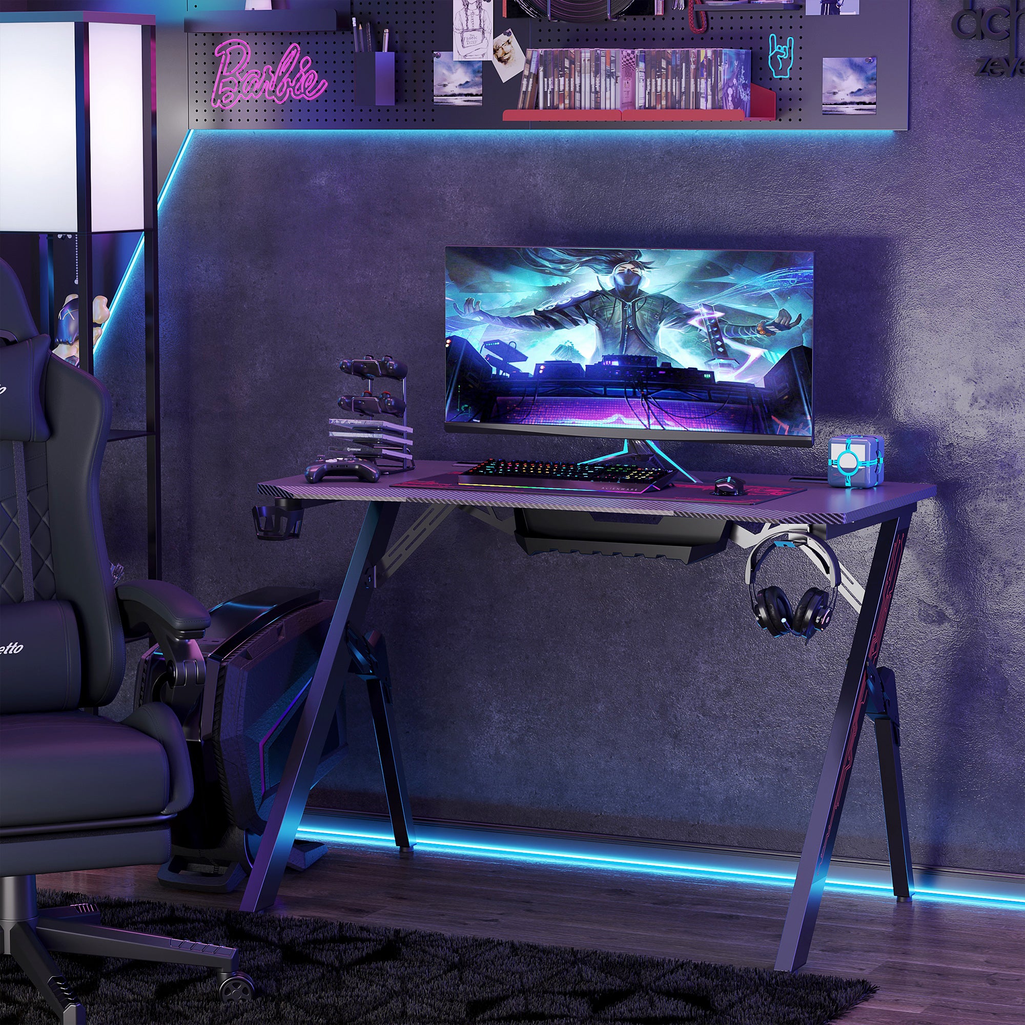 HOMCOM Gaming Desk, Racing Style Computer Table with Game Handle Holde ...