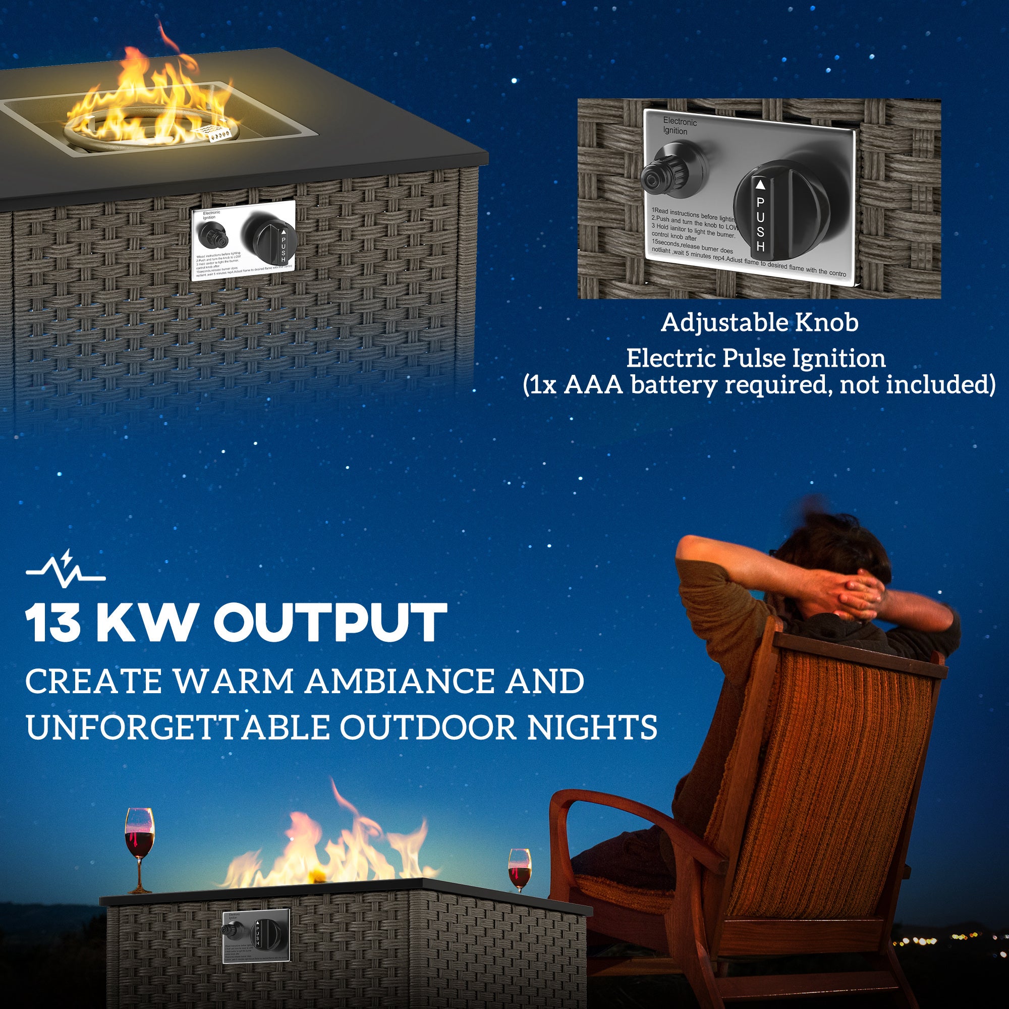 Outsunny Rattan Gaskamin-Tisch 58x58x33cm - 13KW, Rauchfrei, Mit Deckel - Gartenheizung & Couchtisch