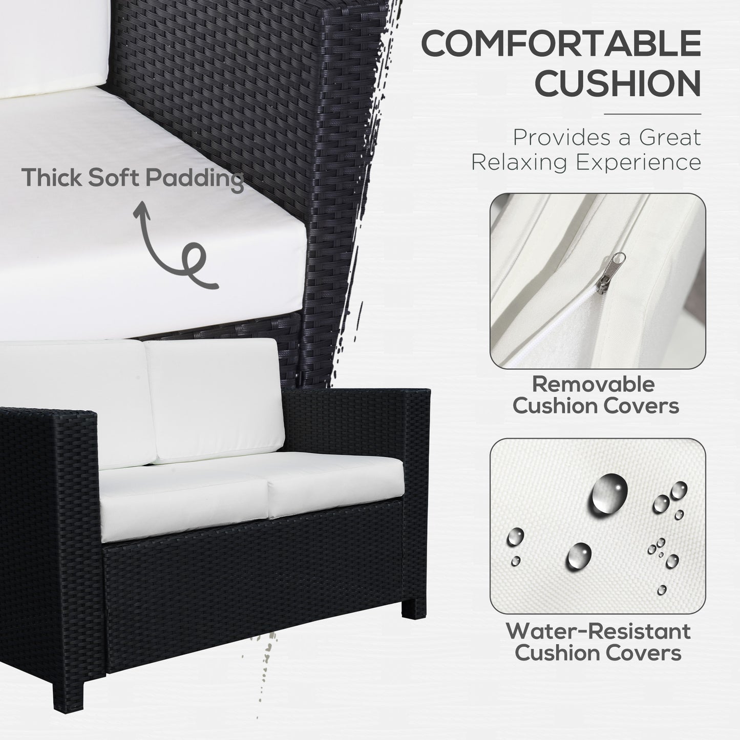 Outsunny Rattan Sofa, 2 Seater Garden Furniture with Soft Padded Cushion and Armrests, Wicker Garden Loveseat for Patio, Black