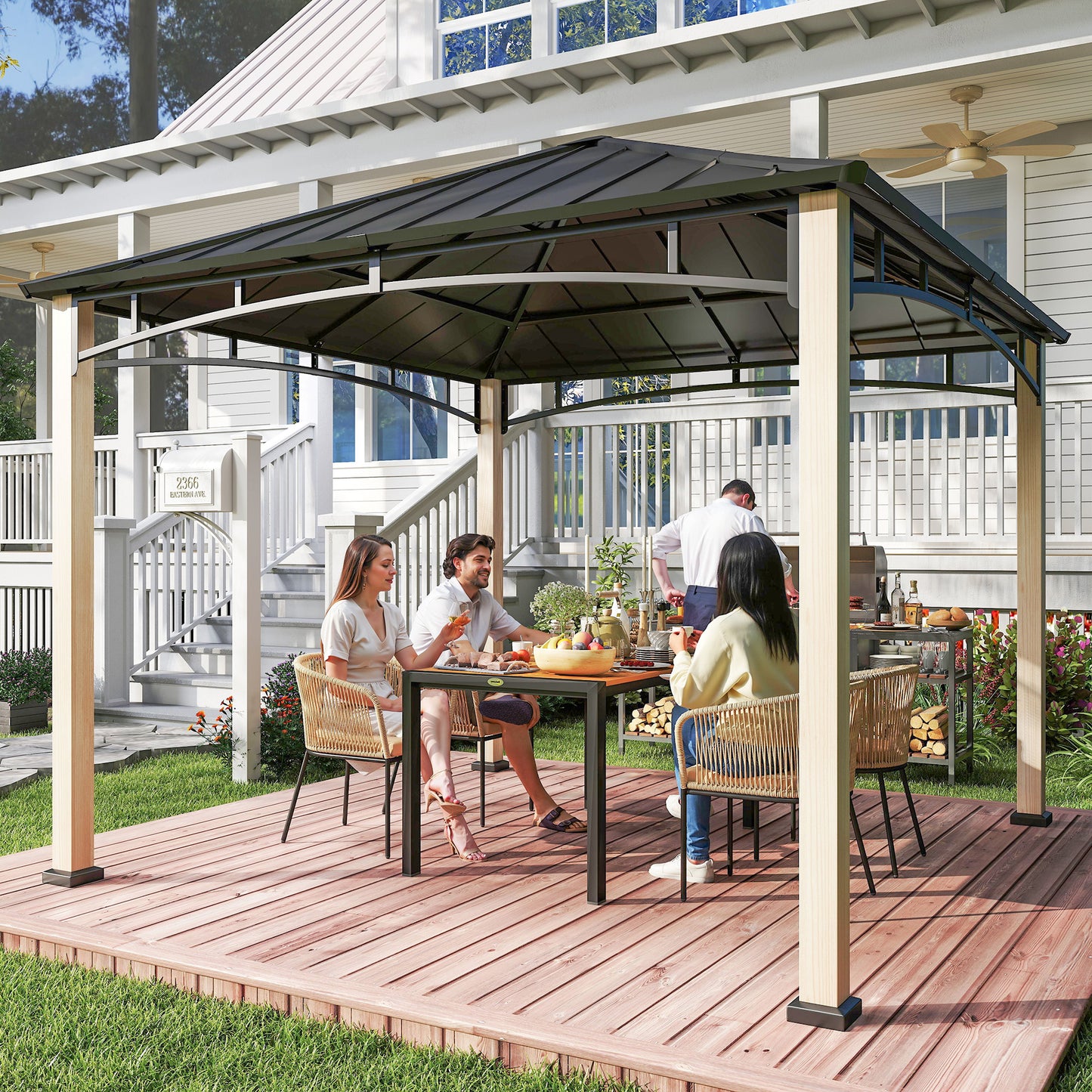 Outsunny 3 x 3 m Decorative Metal Gazebo - Black/Wood-Effect