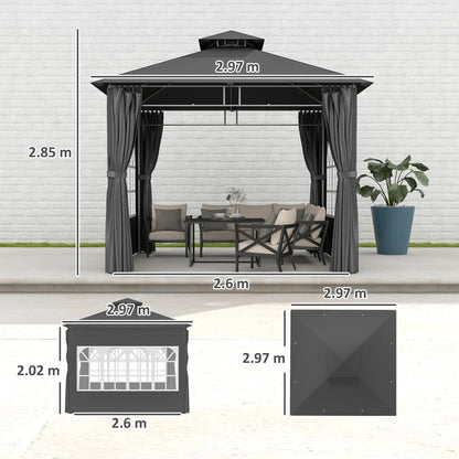 Outsunny 3 x 3 m Garden Gazebo, Double Roof Metal Gazebo with Removable Sidewalls and Church Windows, Outdoor Canopy Shelter, Dark Grey
