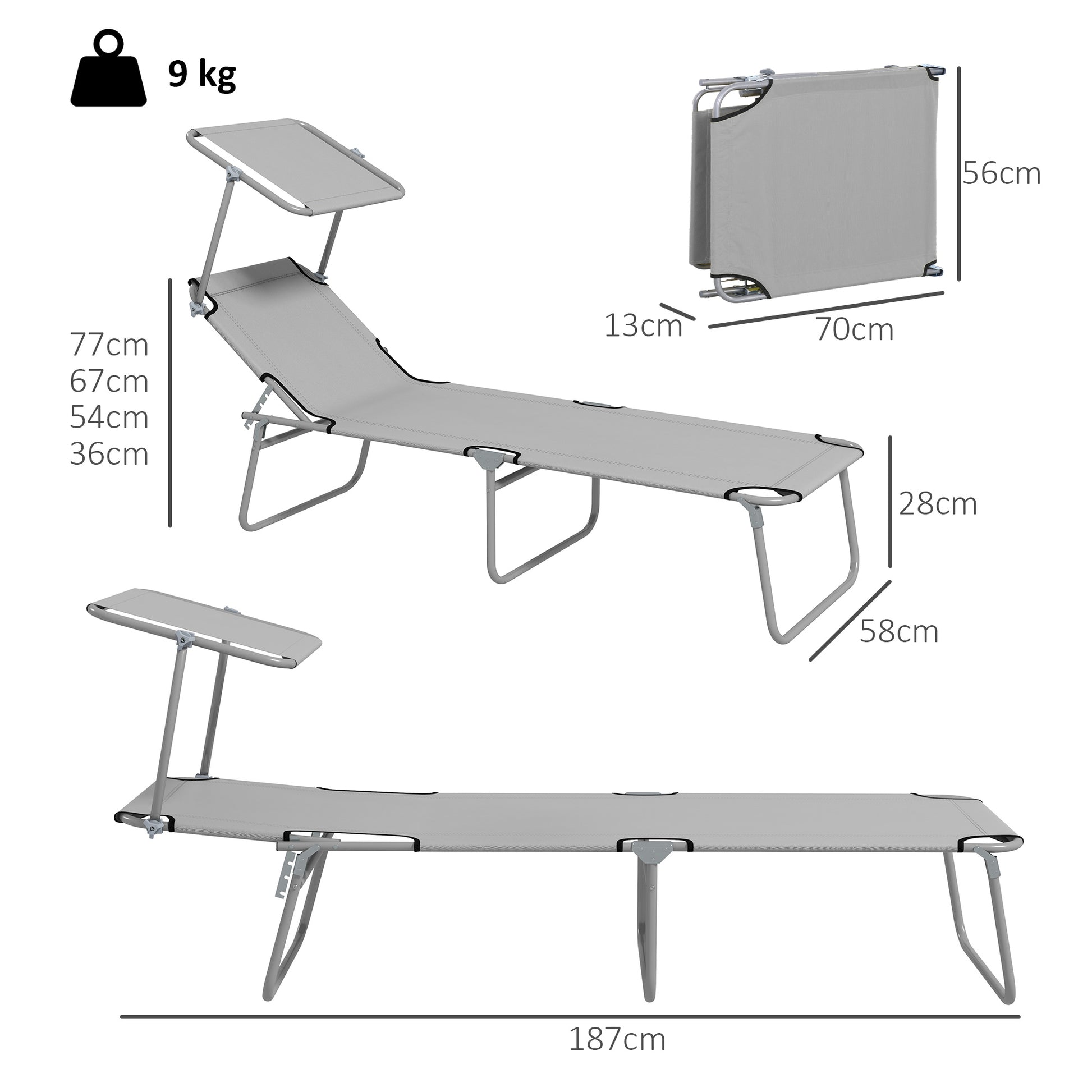 Outsunny Outdoor Foldable Sun Lounger Set of 2, 4 Level Adjustable Backrest Reclining Sun Lounger Chair with Angle Adjust Sun Shade Awning for Beach, Garden, Patio, Light Grey