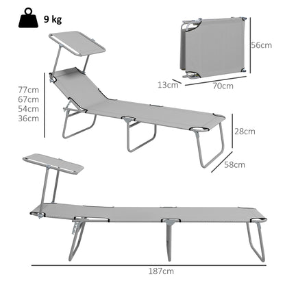 Outsunny Outdoor Foldable Sun Lounger Set of 2, 4 Level Adjustable Backrest Reclining Sun Lounger Chair with Angle Adjust Sun Shade Awning for Beach, Garden, Patio, Light Grey
