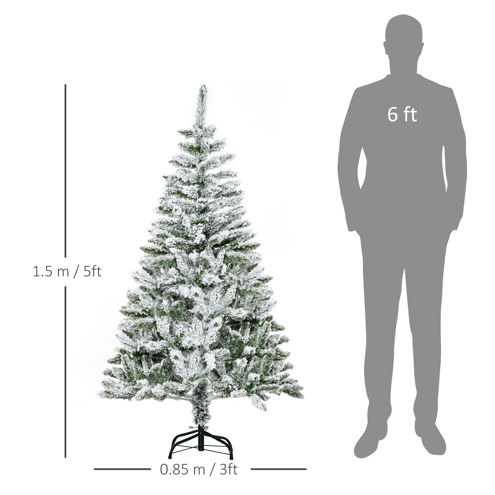HOMCOM 5 Foot Snow Flocked Artificial Christmas Tree Xmas Pine Tree with 358 Realistic Branches, Auto Open and Steel Base, Green