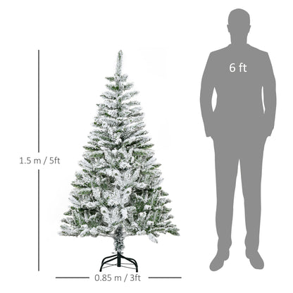 HOMCOM 5 Foot Snow Flocked Artificial Christmas Tree Xmas Pine Tree with 358 Realistic Branches, Auto Open and Steel Base, Green