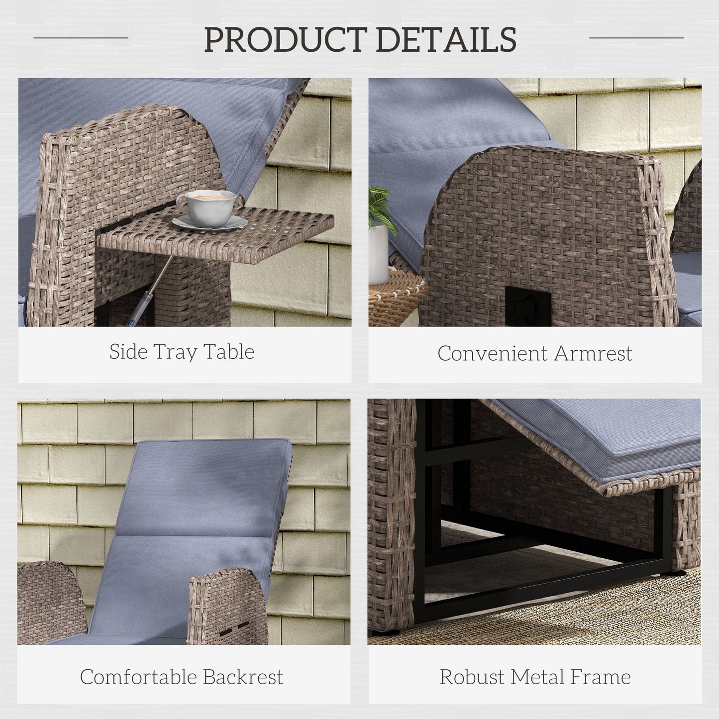 Outsunny 148° Reclining Rattan Garden Armchair, with Footrest - Brown/Grey