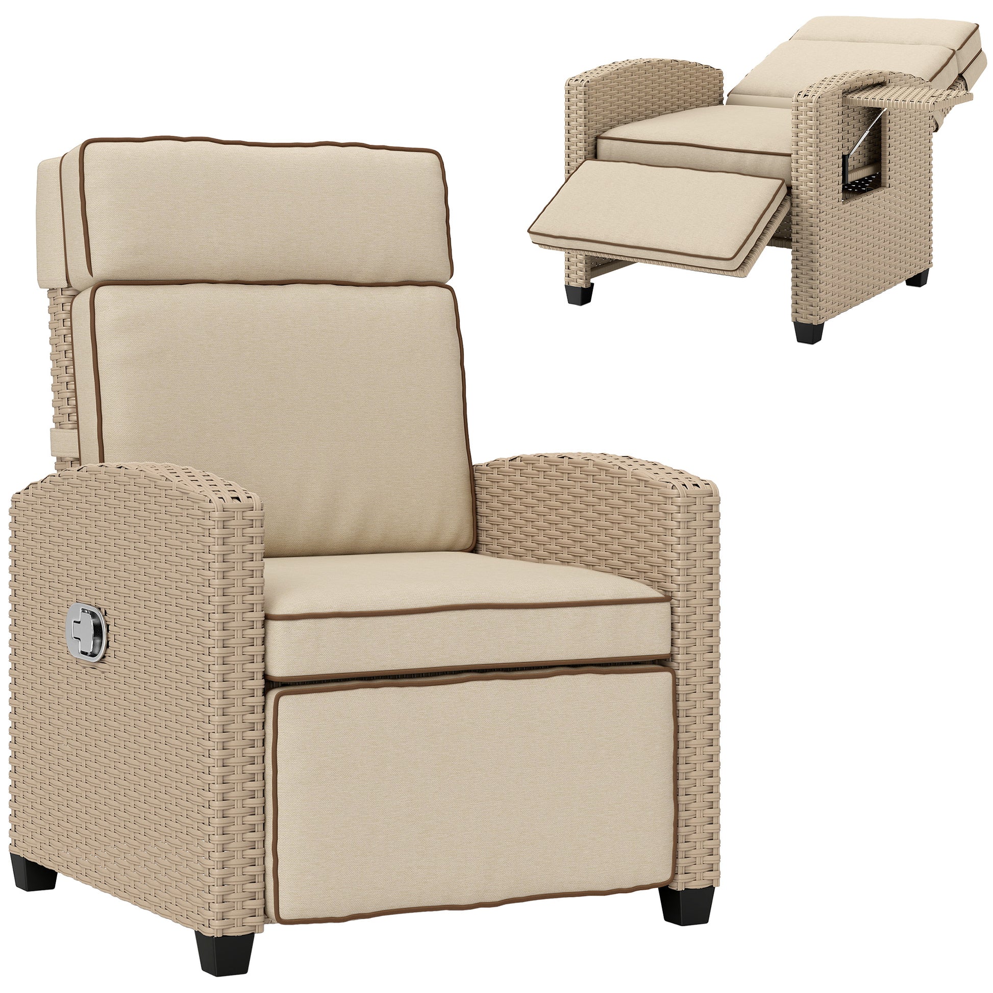 Outsunny 145° Reclining Rattan Armchair, with Footrest - Khaki/Beige