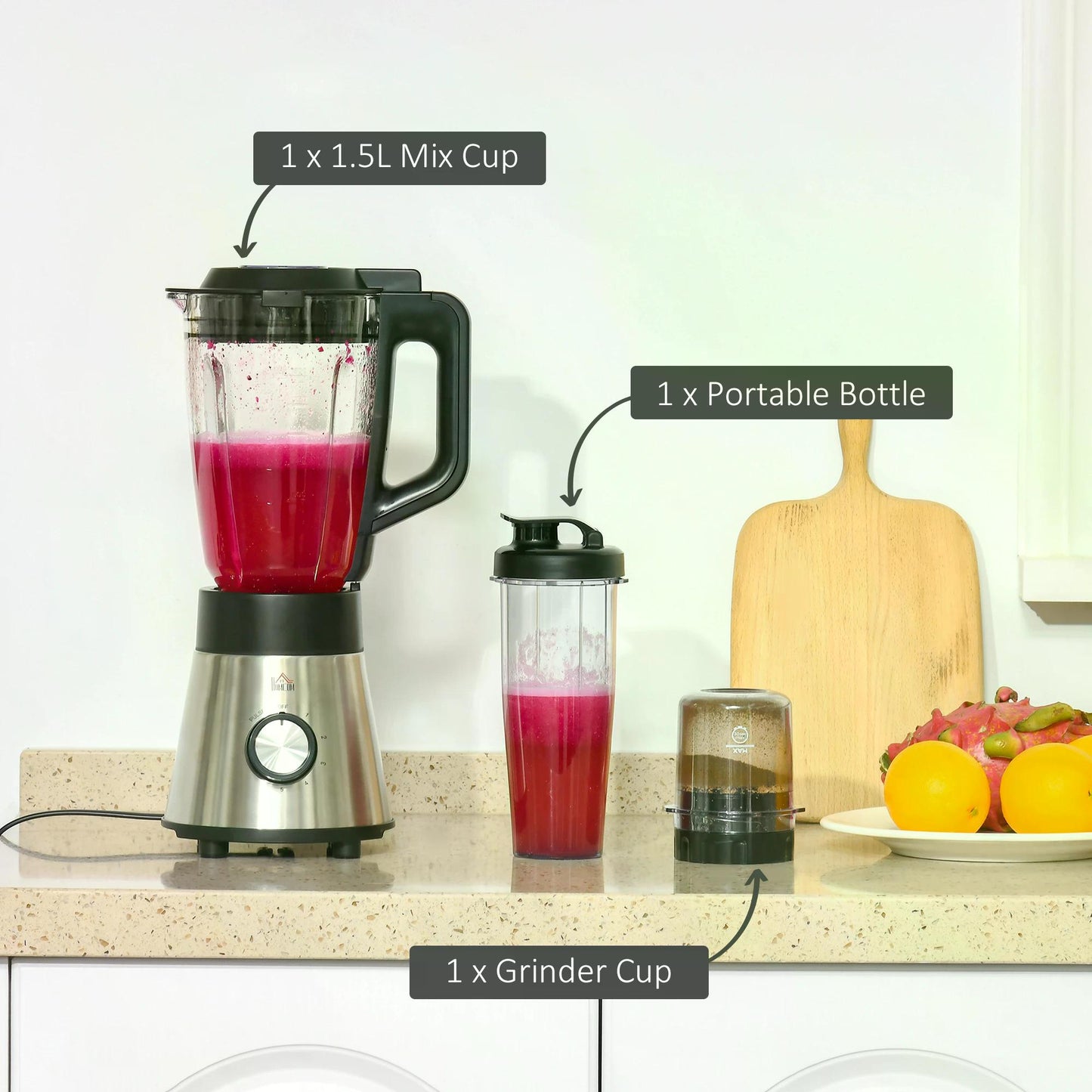 HOMCOM Blender Smoothie Maker, 900W Countertop Blender with 5 Speed Setting, Pulse Function, 1.5L Mix Cup, Portable Cup and Grinder