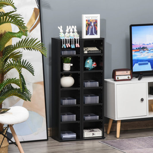 HOMCOM 204 CD Media Display Shelf Unit Set of 2 Blu-Ray DVD Tower Rack w/ Adjustable Shelves Bookcase Storage Organiser, Black