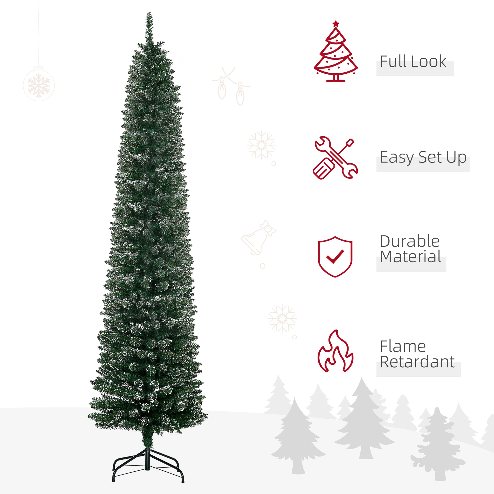 HOMCOM 7.5FT Artificial Christmas Tree Snow Dipped Xmas Pencil Tree Holiday Home Indoor Decoration with Foldable Black Stand, Green