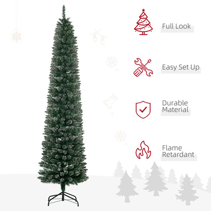 HOMCOM 7.5FT Artificial Christmas Tree Snow Dipped Xmas Pencil Tree Holiday Home Indoor Decoration with Foldable Black Stand, Green