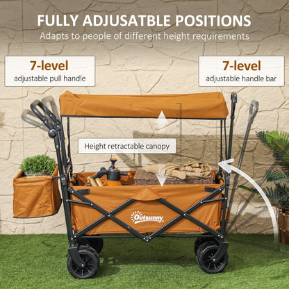 Outsunny 120L Festival Trolley on Wheels, Folding Camping Trolley Cart with Removable Canopy, All-Terrain Wheels, Adjustable Handle and Side Pockets for Garden Beach Fishing Shopping, Orange