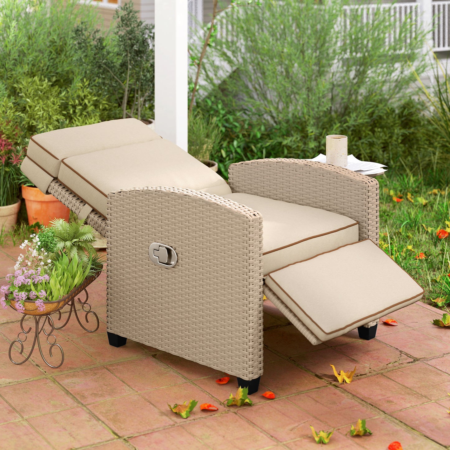 Outsunny 145° Reclining Rattan Armchair, with Footrest - Khaki/Beige