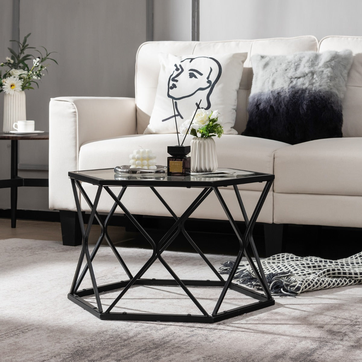 Modern Accent Geometric Glass Coffee Table with Solid Metal Frame-Black