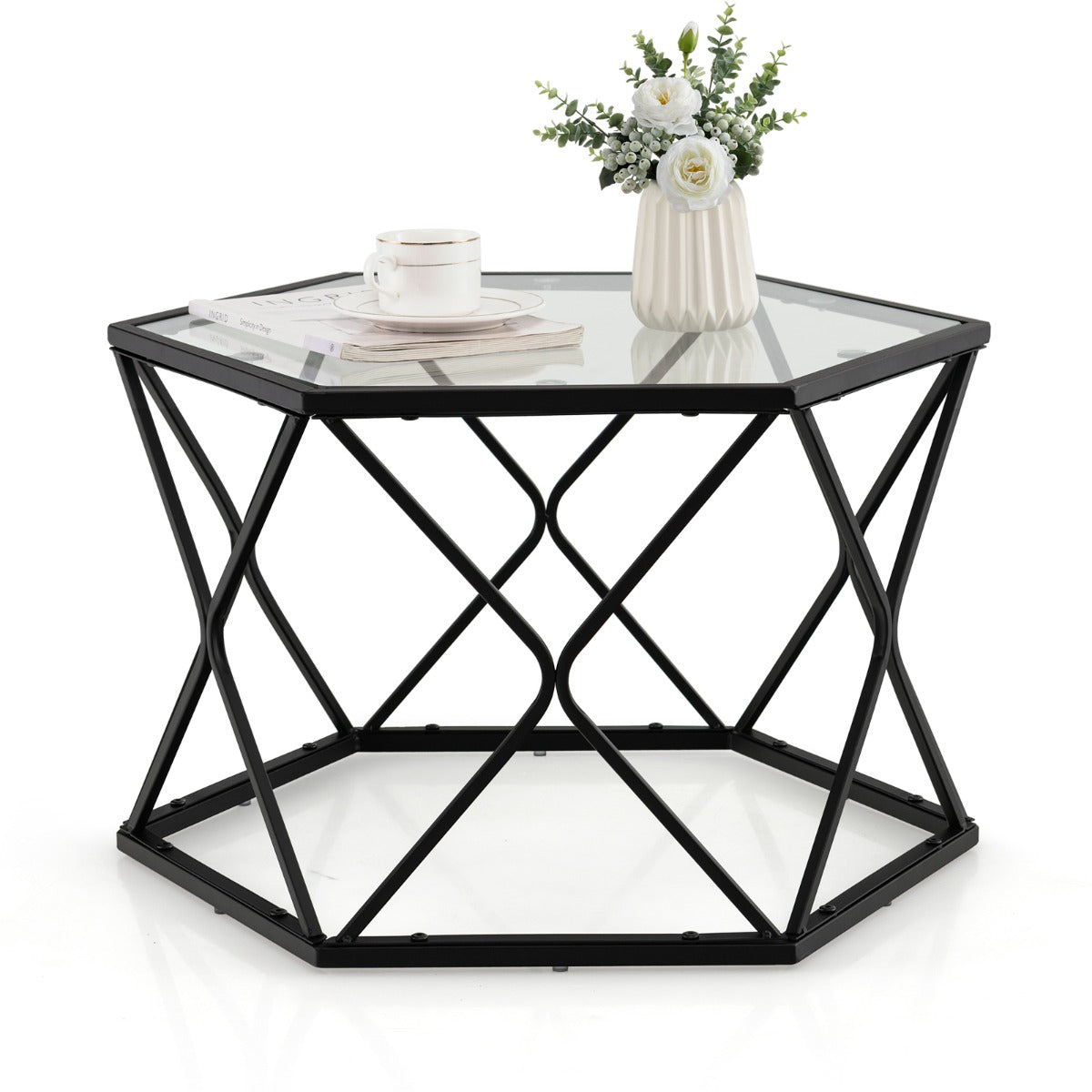 Modern Accent Geometric Glass Coffee Table with Solid Metal Frame-Black