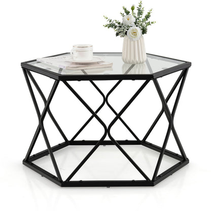 Modern Accent Geometric Glass Coffee Table with Solid Metal Frame-Black