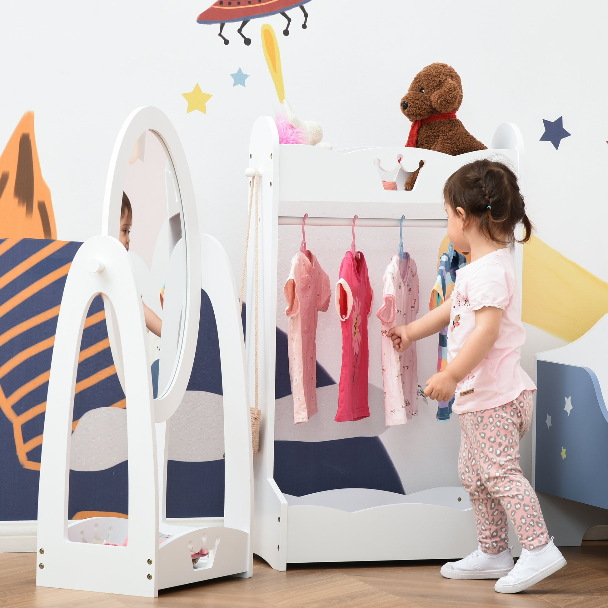 HOMCOM Kids Clothes Rail and Mirror Set 360° Rotation Free Standing Full Length Mirror and Hanging Rack with Storage Shelves Dressing Mirror White