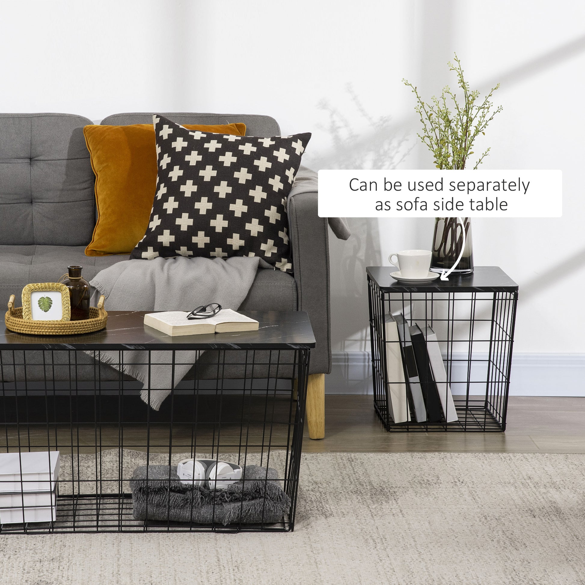 HOMCOM Side Table Set of 2 with Wire Storage Basket, End Tables Coffee Tables with Faux Marble Top for Living Room Bedroom, Black
