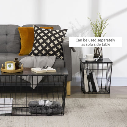 HOMCOM Side Table Set of 2 with Wire Storage Basket, End Tables Coffee Tables with Faux Marble Top for Living Room Bedroom, Black