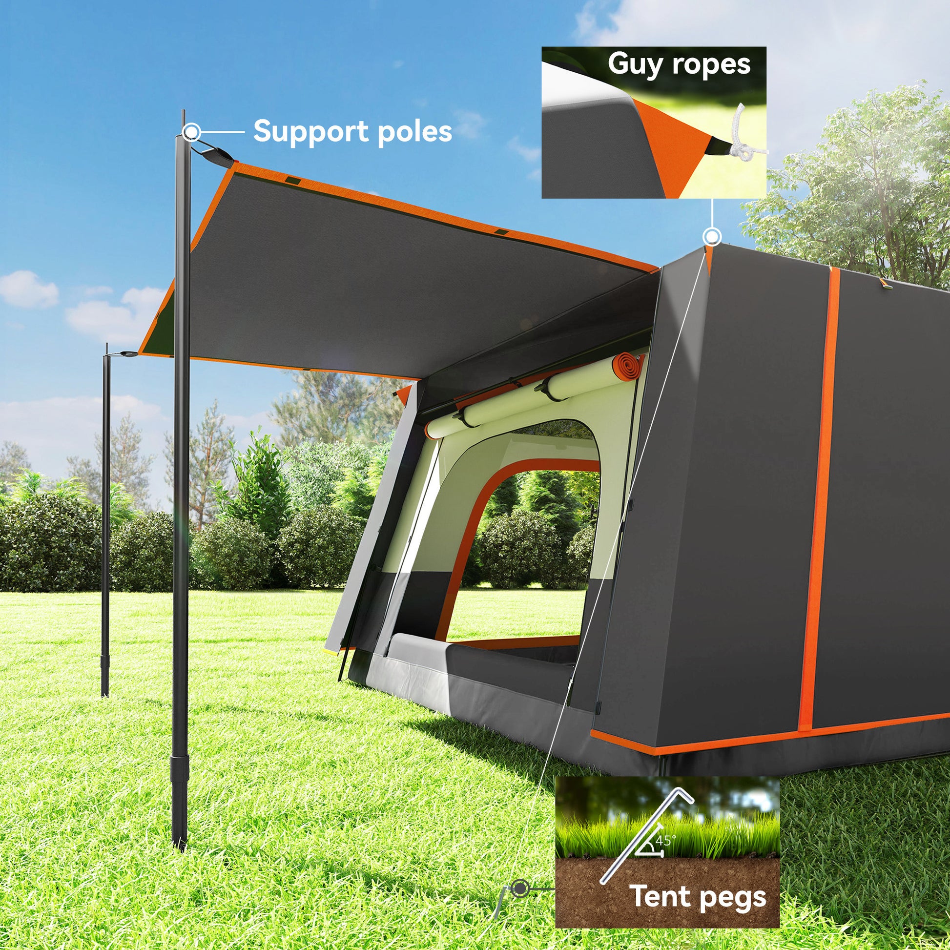 Outsunny 4-6 Man Camping Tent, Double Layer Tunnel Tent with Porch, Living Area and 2 Bedrooms, Sewn in Groundsheet, 3000mm Waterproof and UPF 30+, Portable with Bag, Grey