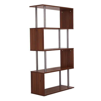 HOMCOM 4-Tires Wooden Bookcase S Shape Storage Bookshelf Display for Living Room, Bedroom, Office with Steel Frame, Walnut