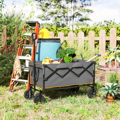 Outsunny 160L Festival Trolley on Wheels, Folding Camping Trolley Cart w/ Tailgate, 100kg Heavy Duty Garden Collapsible Folding Wagon w/Adjustable Handle, Carry Bag for Beach Picnic, Grey and Orange