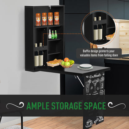 HOMCOM Folding Wall-Mounted Drop-Leaf Table With Chalkboard Shelf Multifunction Black