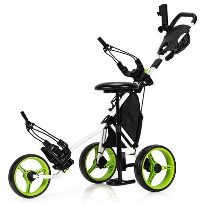 Golf Push Pull Cart with Storage Bag and Foot Brake-Green