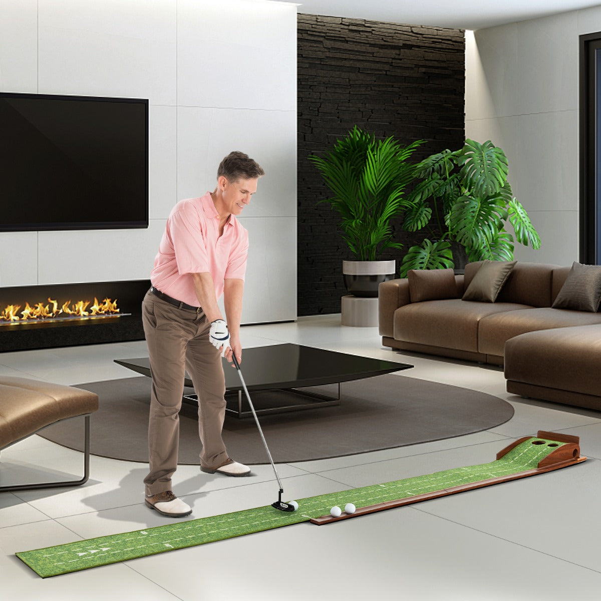 Golf Putting Practice Mat with Auto Ball Return for Home and Office-2 Holes