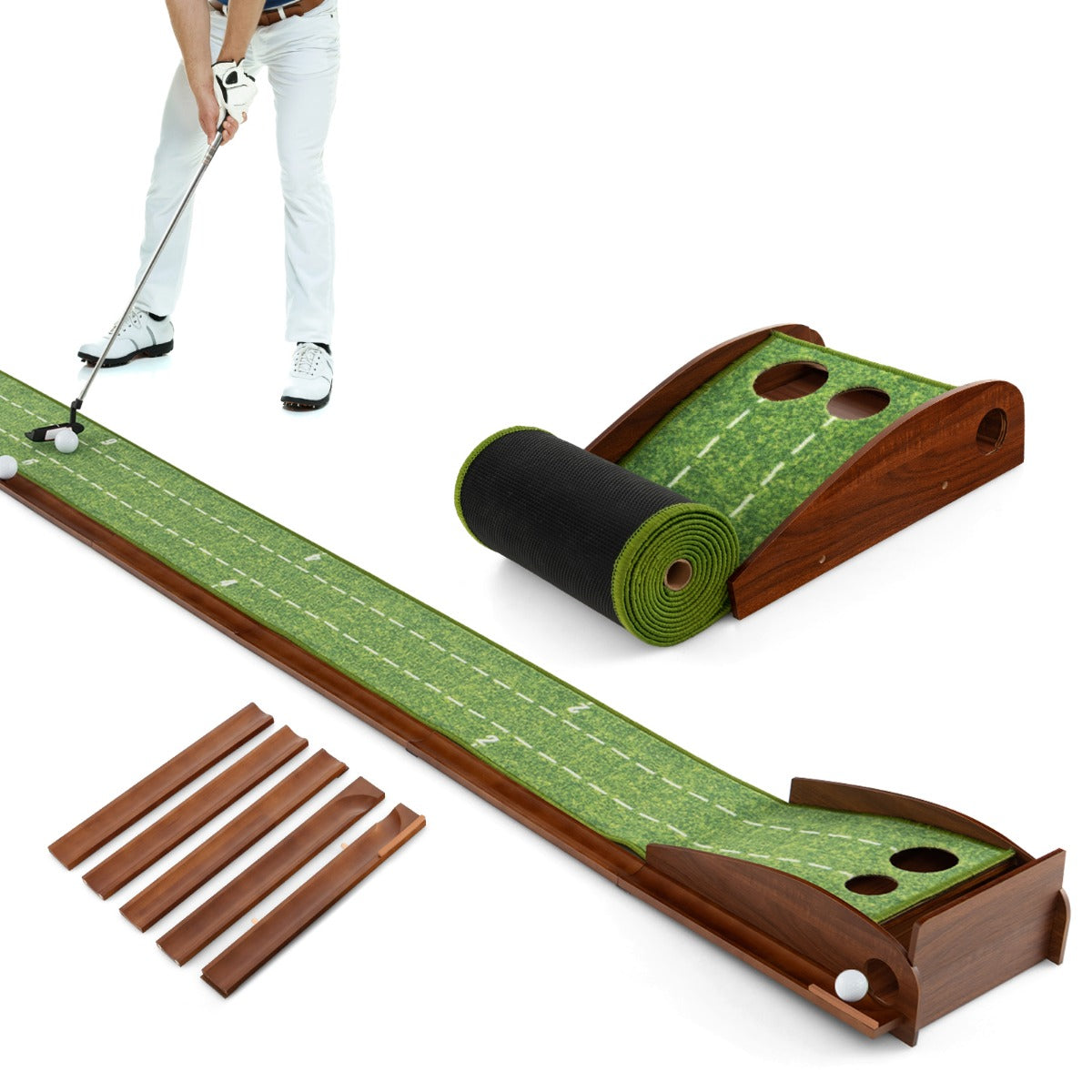 Golf Putting Practice Mat with Auto Ball Return for Home and Office-2 Holes