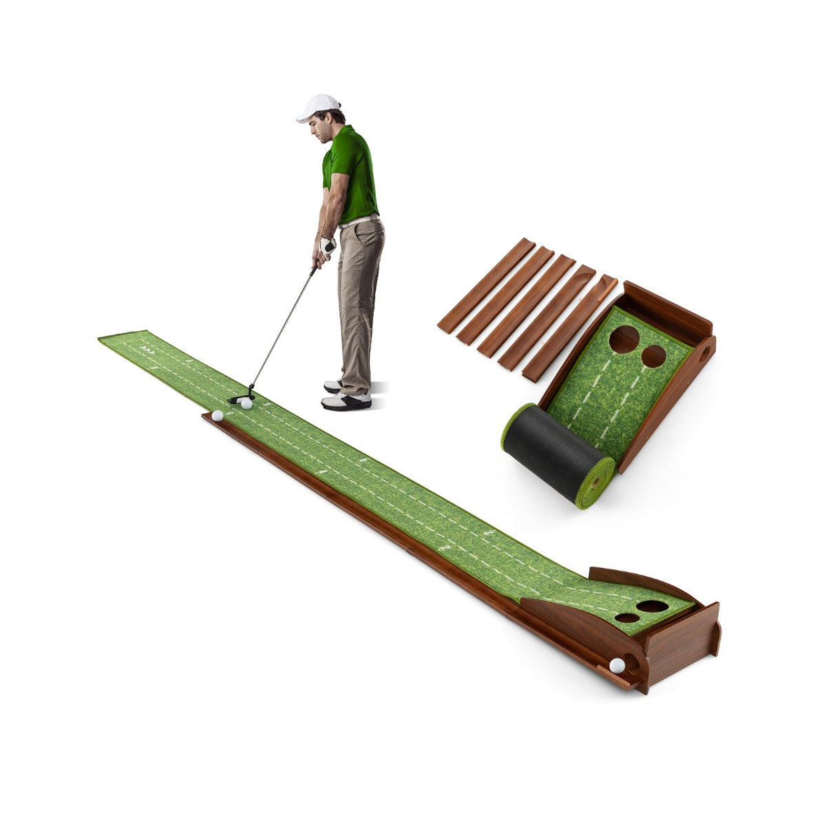 Golf Putting Practice Mat with Auto Ball Return for Home and Office-2 Holes