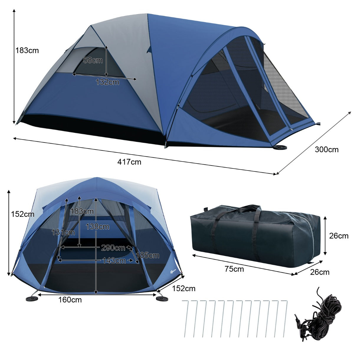 417x300x183cm Double Layers Dome Tent with Screen Roome Porch