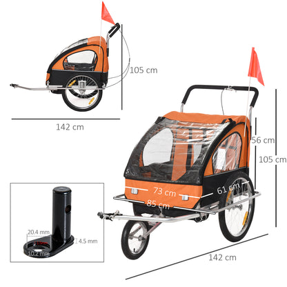 HOMCOM Collapsible Bike Trailer 2-Seater for Baby Bicycle with Pivot Wheel Suitable For 18 Month + Child Orange