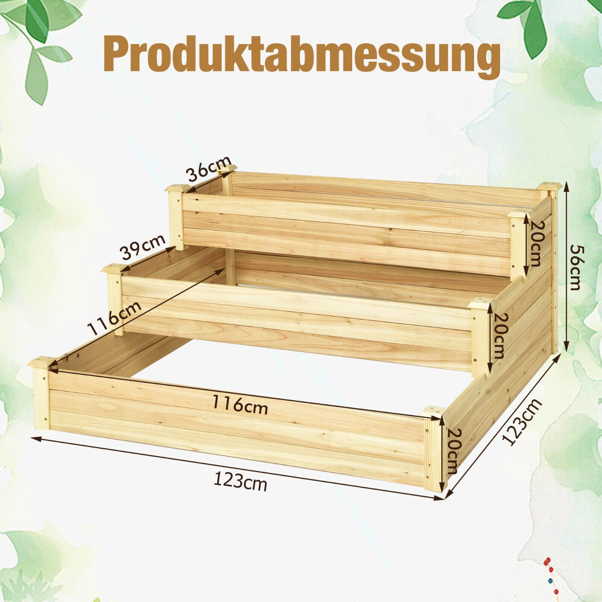 3-Tier Wooden Raised Garden Bed for Patio Yard Lawn Greenhouse-123 x 123 x 56 cm