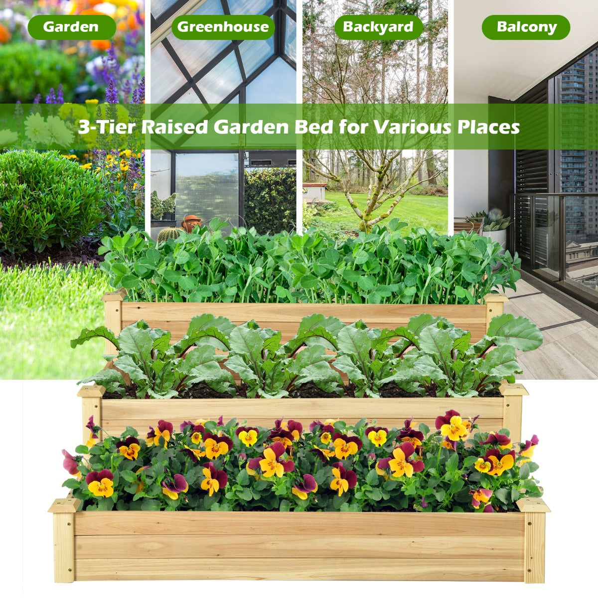 3-Tier Wooden Raised Garden Bed for Patio Yard Lawn Greenhouse-123 x 123 x 56 cm
