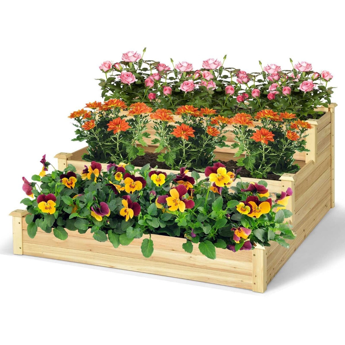 3-Tier Wooden Raised Garden Bed for Patio Yard Lawn Greenhouse-123 x 123 x 56 cm