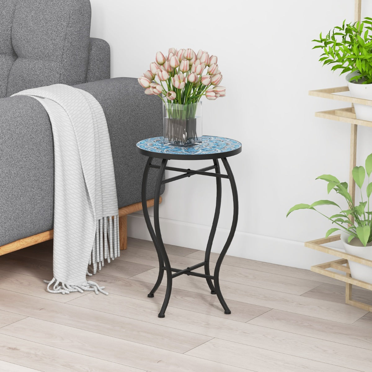 35 cm Round Patio End Table with Ceramic Tile Top