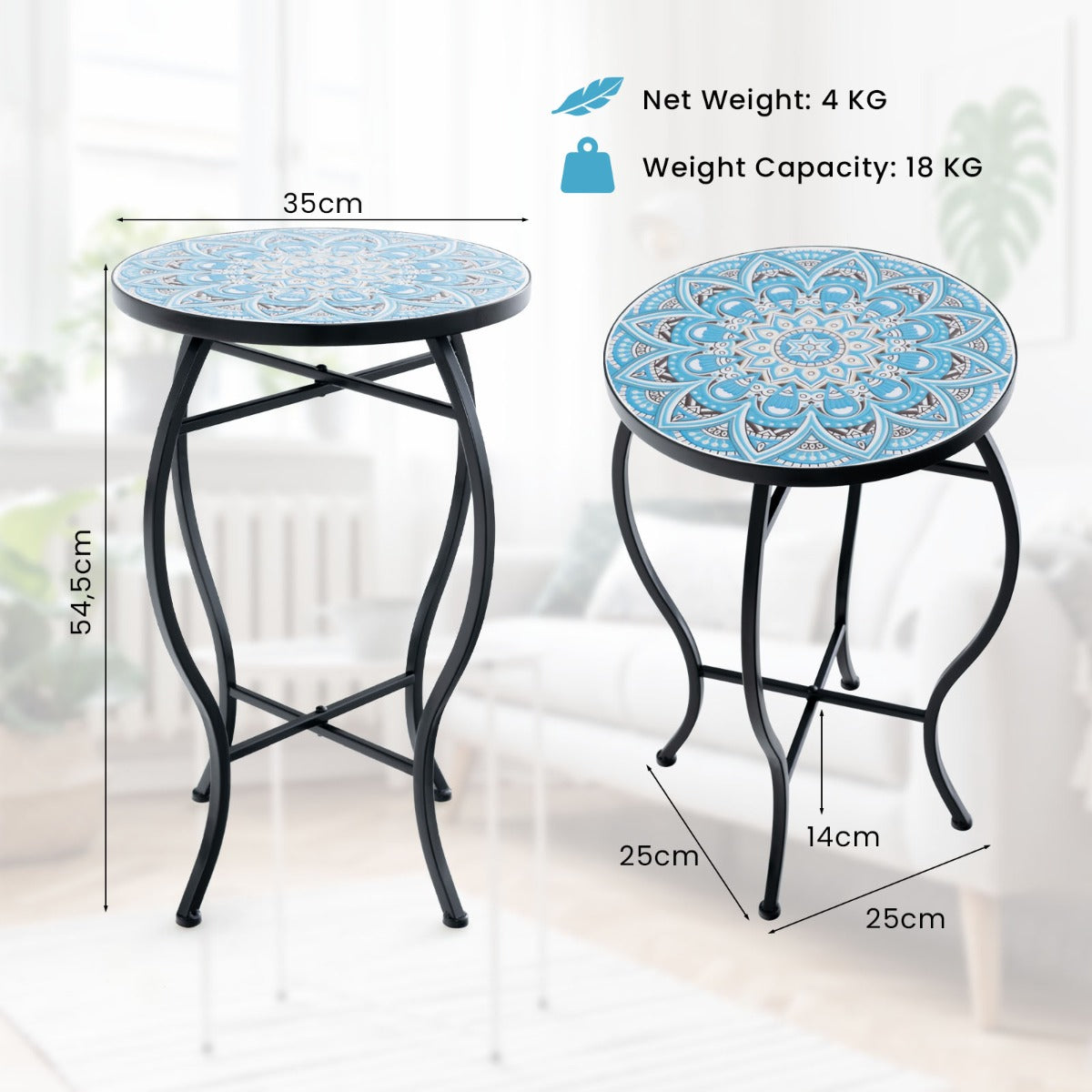 35 cm Round Patio End Table with Ceramic Tile Top