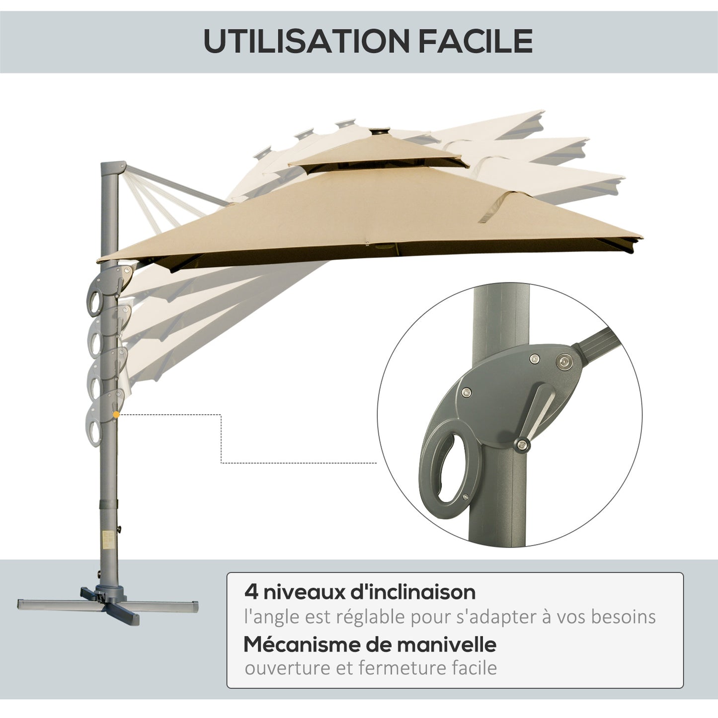 Outsunny 3 x 3(m) Aluminium Sun Square Canopy Top w/ Adjustable Pole Angle Khaki