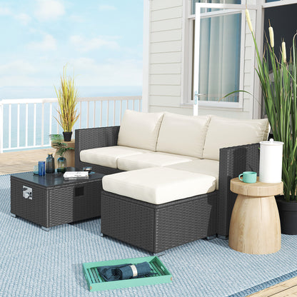 Outsunny Five Piece Rattan Garden Furniture Set with Gas Fire Pit Table and Footstool - Black and Cream White