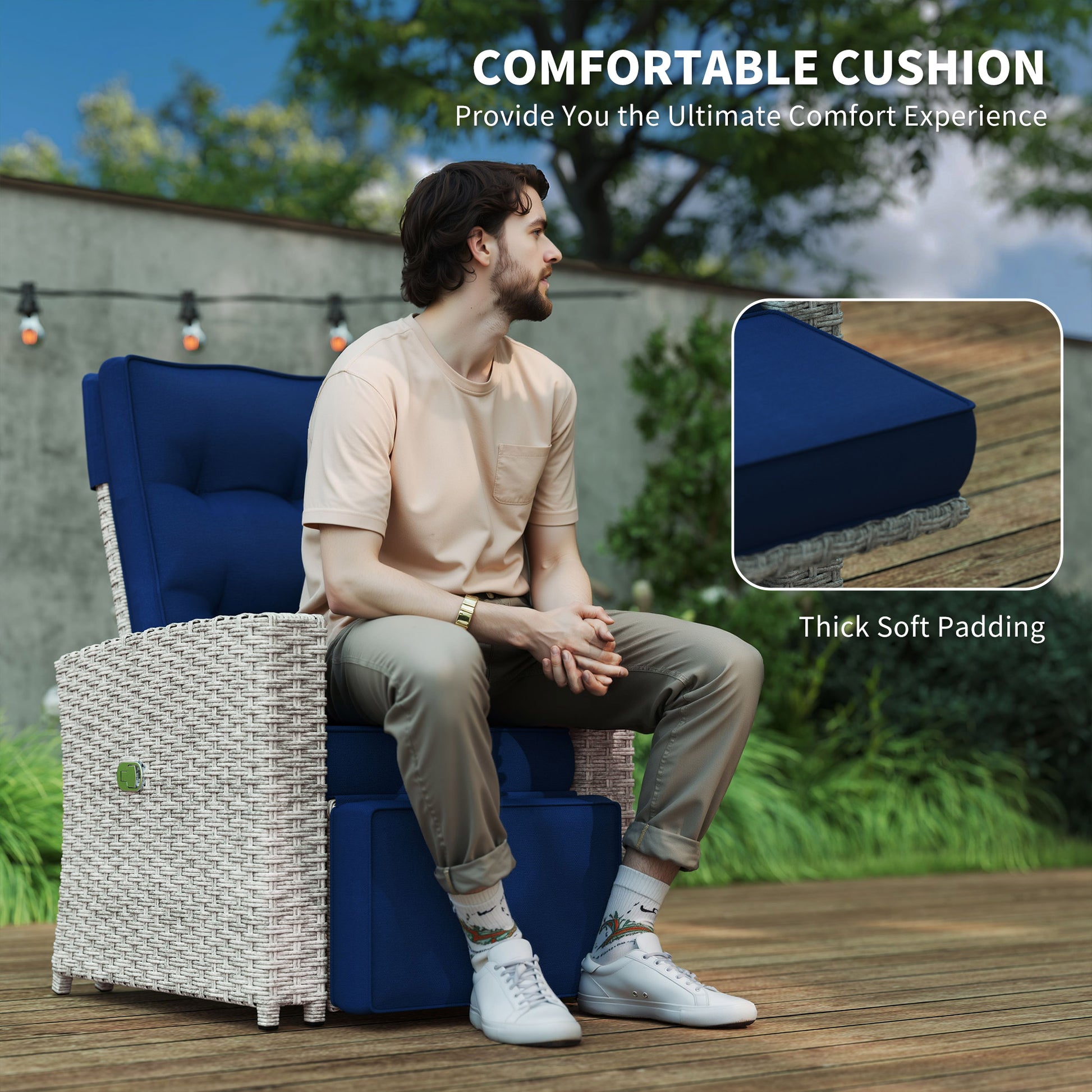 Outsunny 4 Piece Rattan Garden Furniture Set Outdoor Sofa Sectional Set with Glass Top Table for Poolside, Navy Blue