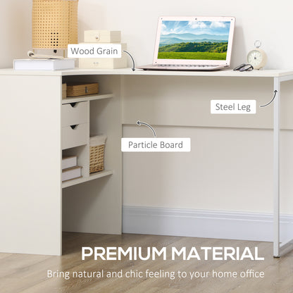 HOMCOM L-Shaped Corner Computer Desk Study Table PC Work w/ Storage Shelf Drawer Smooth Slide Office Home Workstation Space Saving - White